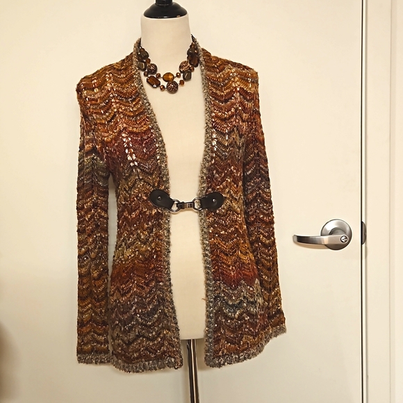 dressbarn Multicolor brown tan rust open knit horse bit closure Petite Small EUC - Picture 2 of 8